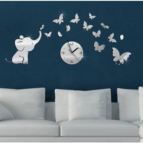 3D DIY Wall Clock Sticker Art Decoration Elephant Butterflies Mirror Wall Decal DropShip