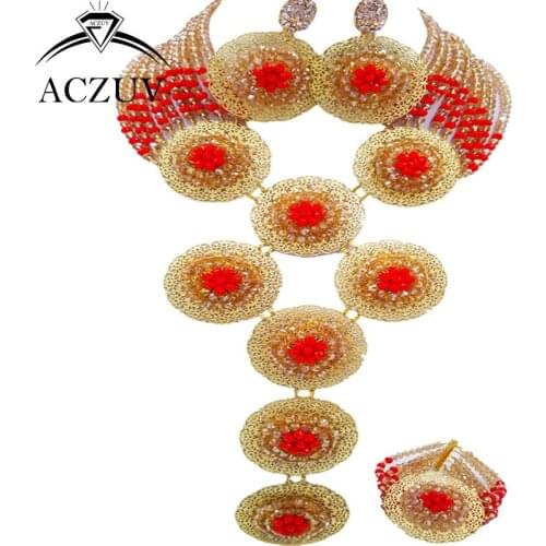 ACZUV Brand Gold AB and Opaque Red African Jewelry Set 2017 Nigerian Wedding Beads Necklace Jewellery A10R018