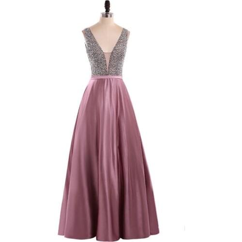 Shining Sequined Satin Evening Gowns Dusty Pink A Line Homecoming Dresses Floor Length Backless Formal Party Robes De Soiree