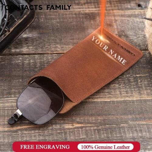 CONTACTS FAMILY Genuine Leather Glasses Case Cover Unisex Sunglasses Holder Box Eyeglasses Solid Storage Box Foldable Pouch Bag