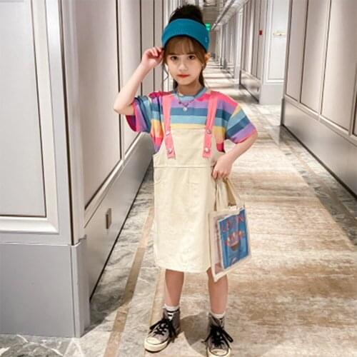 Children Dresses Girl Sets Baby Clothes Girls Dress For Kids Clothes Set Suit Suspend Skirt + Striped Short Sleeve 2 Piece Set