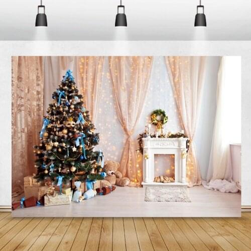 Photographic Background Merry Christmas XMAS Fireplace Tree Curtain Baby Toys Party Portrait Photo Backdrop For Photo Studio