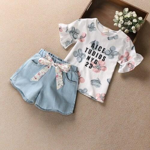 4-10 Years Big Girl Clothing Set 2021 Summer New Kids Girls Casual Fashion Suits Print Cotton T Shirt Denim Shorts Baby 2pcs Set