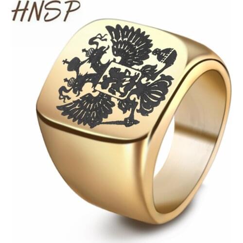 HNSP Punk 316L Stainless Steel Square Russian Eagle Signet Gold Rings For Men Male EBoy Finger Jewelry Gift