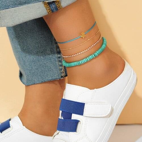 HuaTang 4pcs/set Boho Natural Stone Strand Beads Anklets for Women Multilayers Star Crystal Foot Chain Female Beach Jewelry 9248