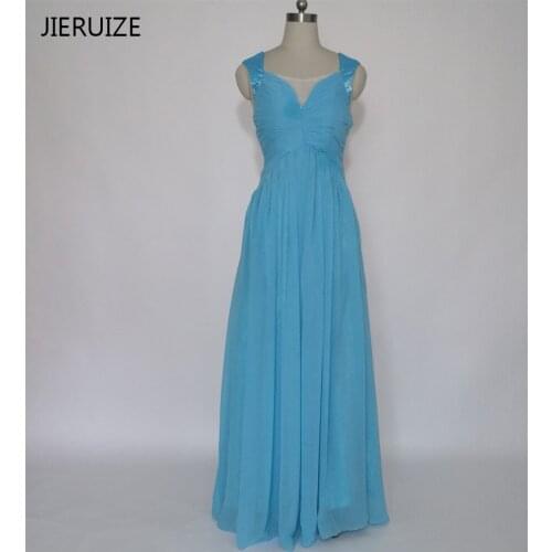 JIERUIZE Blue Chiffon Cheap Long Evening Dresses A-line V-neck Cap Sleeves Formal Dresses Evening Gowns robe de soiree