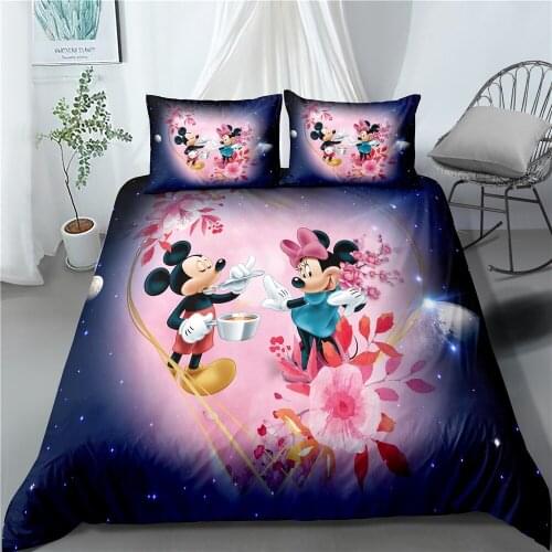 Disney Purple Pink Flower Mickey Minnie Mouse Design Duvet Quilt Cover Pillowcase Boys & Girls Bedroom Decorative Bedding Set