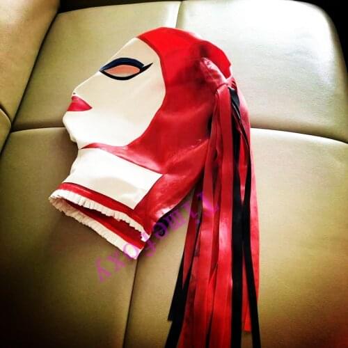 Red Latex Hood Mask Rubber fetish hood latex pigtail party gears with Zipper on Back Costumes Accessories for Party halloween