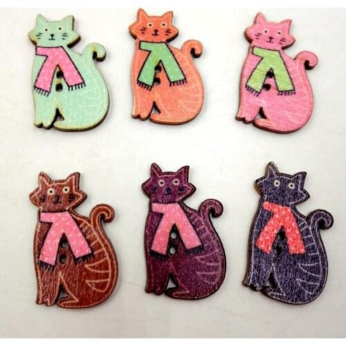 New Hot 30*19mm 50 Colorful Cat Shape 2 Holes Decorative Buttons Wood Sewing Buttons Scrapbooking Sewing Accessories Supplies