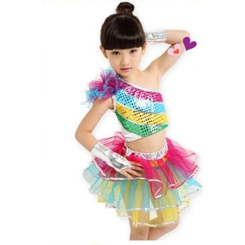 Professional Performance Stage Sequined Rainbow Color Flower Jazz Ballet Dance Tutu Dress kids children Girls Dancewear