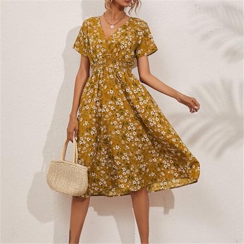 Summer Casual Floral A-line Dresses Sexy V-neck Dress Elegant Waist Dress Pure Color Dress Bohemian Clothing for Woman