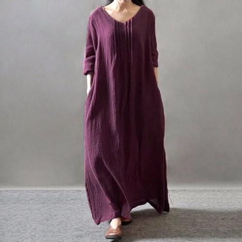 Vintage Dresses Women 2021 Spring Casual Long Dress Long Sleeve Solid V Neck Cotton Dress Retro Plus Size 5XL Vestido Robe Femme