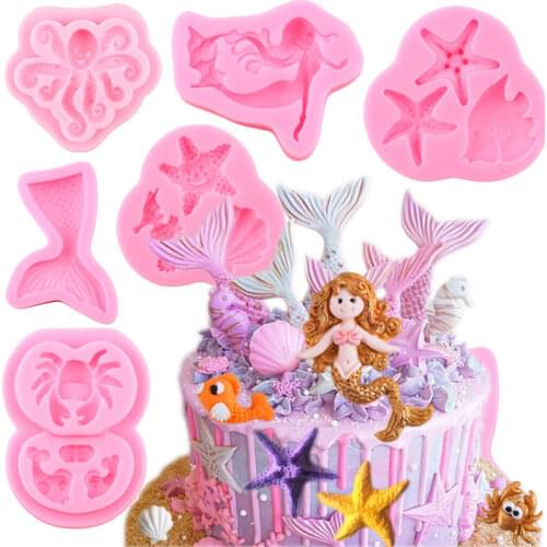 Conch Starfish Shell Mermaid Tail Silicone Mold Baby Birthday Cupcake Topper Fondant Cake Decorating Tools Candy Chocolate Mould