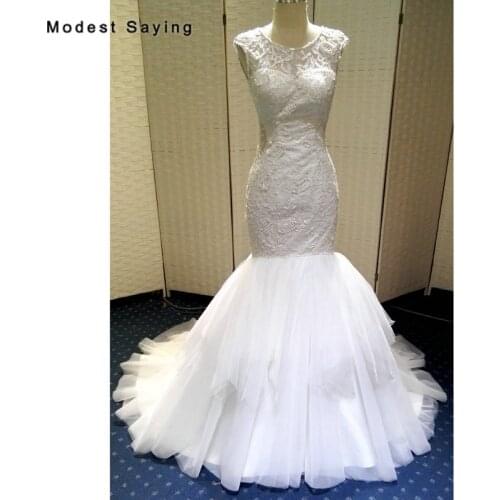 Luxury Mermaid Lace Wedding Dresses 2018 with Pearls Beaded Long Bridal Gowns Plus Size vestidos de noiva Ivory robe de mariee