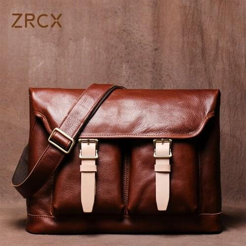 ZRCX Vintage Mens Shoulder Bag Genuine Leather Casual Classic Crossbody Trendy Messenger Bag 13 Inch Laptop Bags