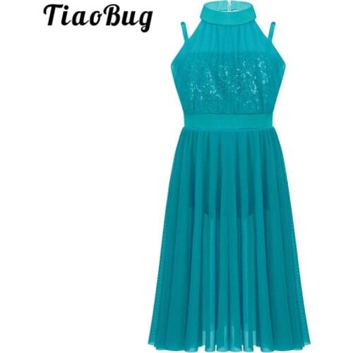 TiaoBug Kids Teens Sleeveless Sequin Gymnastics Leotard Girls Dancewear Tulle Ballet Figure Skating Dress Lyrical Dance Costumes