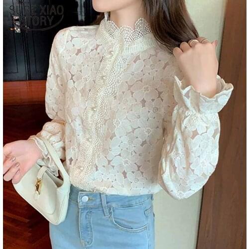 New Half-high Collar Lace Bottoming Shirt Autumn 2021 Long Sleeve Elegant Hollow Out Lace Blouse Sweet Flowers Top Blusas 16986
