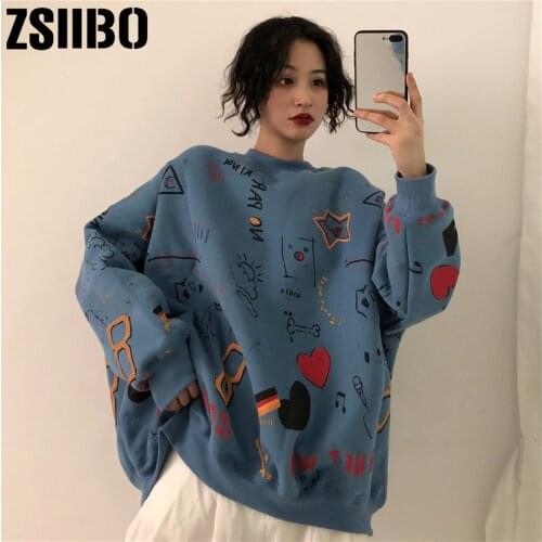 Women hoodie Korean Preppy Style Cute Cartoon Print O-Neck Large yard Leisure Cartoon Loose Pullovers Hooded sweatershirt