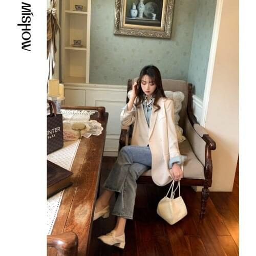 MISHOW Coat For Women Fashion New Notched Loose Solid Blazer Elegant Double Breasted Work Wear Jackets Female Clothes MXA21W0004