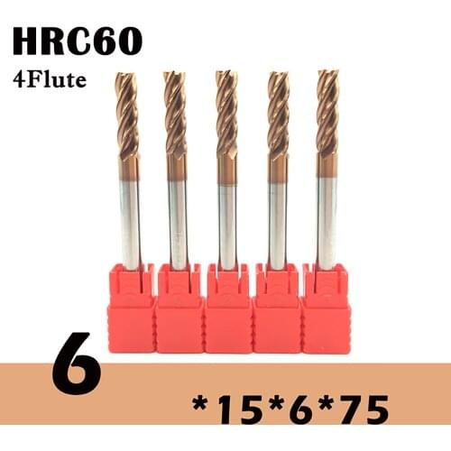 5PCS HRC60 6mm D6X15XD6X75L 4Flute Solid Carbide Endmills Standard Length Side milling Slotting Profiling face mill ENDMILL