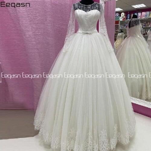 Shiny Long Sleeves Wedding Dresses Ball Gown 2021 Floor Length Applique Lace Women Bride Dress Robe De Mariage Custom Made