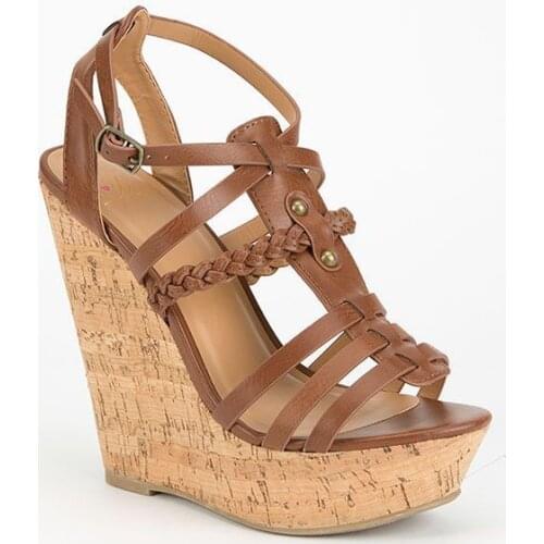 New Platform Wedge Sandal for Woman Summer Braided Brown Leather Straps Open Toe Gladiator Shoes Sexy Cutouts Dress Shoes