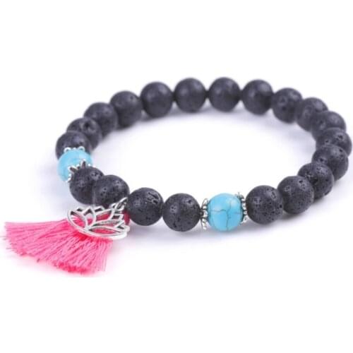 8mm Imperial Chakras Bracelet Lotus Pink Tassels Charms Black Lava Stone Beads DIY Essential Oil Diffuser Bracelet Women Jewelry