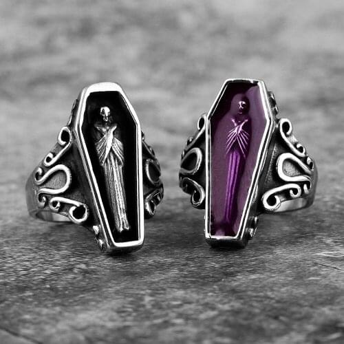CFBulongs Vampire Coffin Zombie Stainless Steel Men Ring Retro Steel Iron Warrior Punk Jewelry Accessories Wholesale