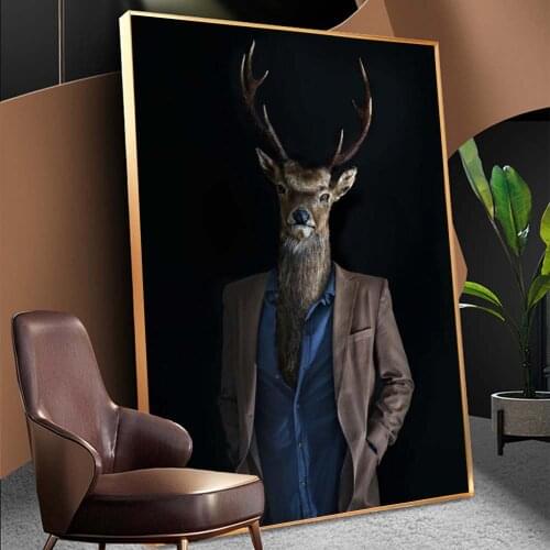 Black and White Deer In a Suit Wall Art Posters and Prints Gentlemen Animal Canvas Paintings on The Wall for Living Room Decor
