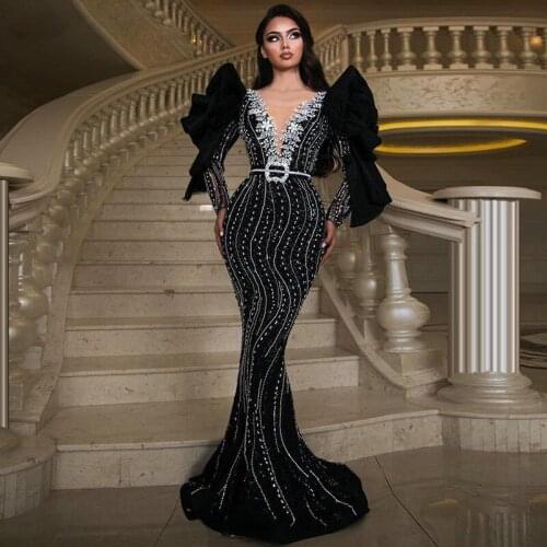 Dubai Black Long Sleeve Mermaid Evening Dresses 2020 Sexy Plunging V Neck Heavy Beaded Saudi Arabia Evening Gowns Formal Dress