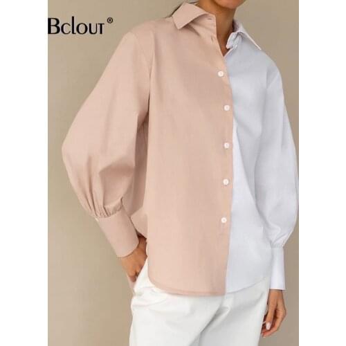 Bclout Elegant Patchwork Shirts Long Sleeve Single Breasted Tops Summer Turn Down Collar Pink White Shirt Single Breasted Blouse