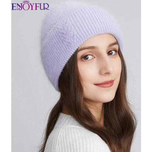 ENJOYFUR Women Winter Knitted Hats Natural Angola Wool Cuffed Dome Cap For Female Fashion Stretch Casual Brand Beanies Gorro