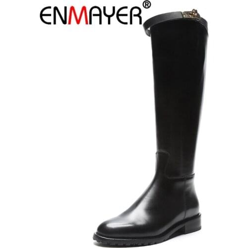 ENMAYER Women Knee High boots Round toe Solid Low heels Fashion Boots Lady Shoes Zipper botas mujer Size 34-40 Buckle CR1913