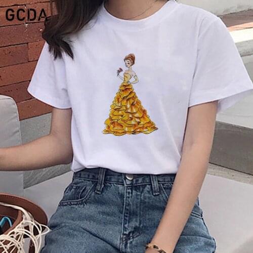 Belle Beauty and The Beast Printed T Shirt Women Disney Princess Graphic T-shirt Harajuku Girls Tops Tee Cute Female Tshirts