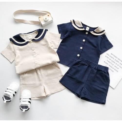 Childrens Clothing Sets Summer Navy Style Sailor Neck Short-sleeved T-shirt + Shorts 2Pcs Of Kids Clothes Casual Boy Girl Sets