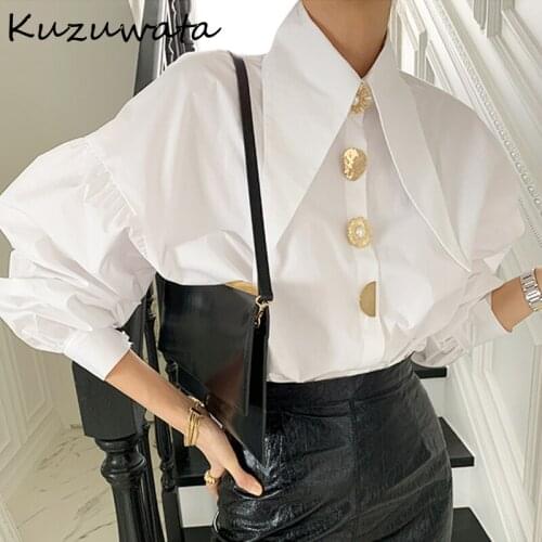 Kuzuwata Peter Pan Collar Long Sleeve Single Breast Blouse Women Work Style Ol Solid Blusas Spring 2021 New Shirt Feminino