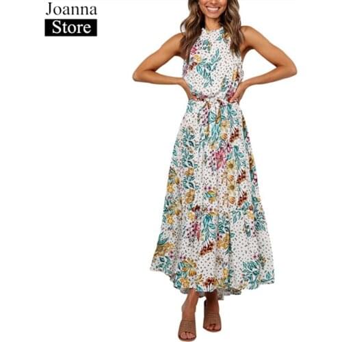 Summer Bohemian Printed Long Dress Women O-Neck Sleeveless Belt Slim Chiffon Floral Beach Dresses Ladies White Plus Size Clothes