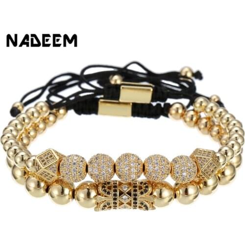 Copper Beads Couple Bracelet Sets Men Jewelry Braiding Macrame 2Pcs/Sets Pave CZ Tube Ball Charms Bracelets For Women Pulseira