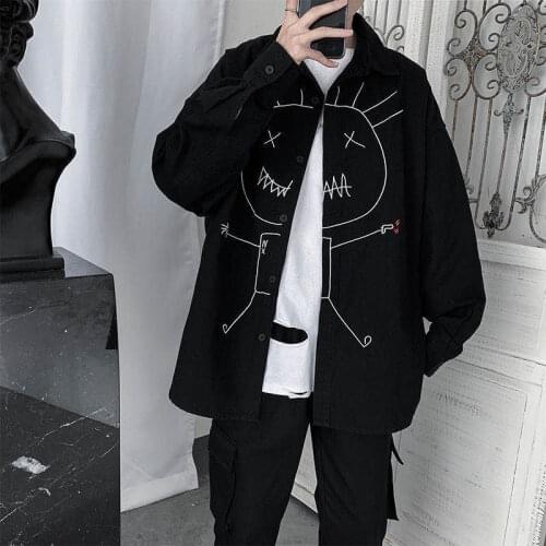 2020 New dark series funny villain embroidered shirt mens long-sleeved loose shirt mens trend