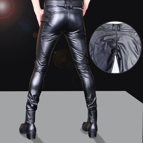 Men Plus Size Open Crotch Pencil Pants U Convex Pouch Latex PU Shiny Stage Pants Glossy Pencil Pants Sexy Tight Elastic Gay Wear