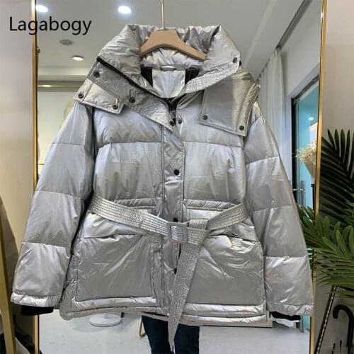 Lagabogy 2021 New Winter Women Bright Short Hooded Warm Parkas 90% White Duck Down Coat Female Loose Waterproof Puffer Jackets