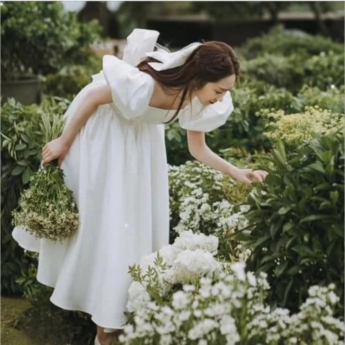 New Wedding Dress Satin Tea Length Puffy Sleeves Square Collar With Big Bow Backless engagement dress vintage robe de soirée