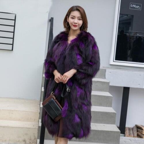 New luxury genuine real natural fox fur coat womens fashion long jacket ladies V-neck warm winter outwear custom big size