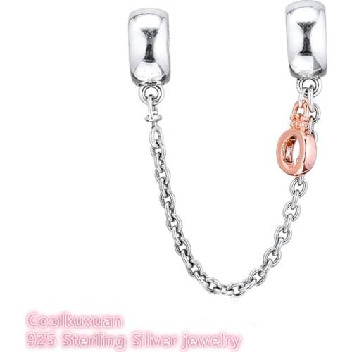 Autumn 100% 925 Sterling Silver Dangling Crown O Safety Chain Charm brand logo beads Fits Original Pandora bracelets