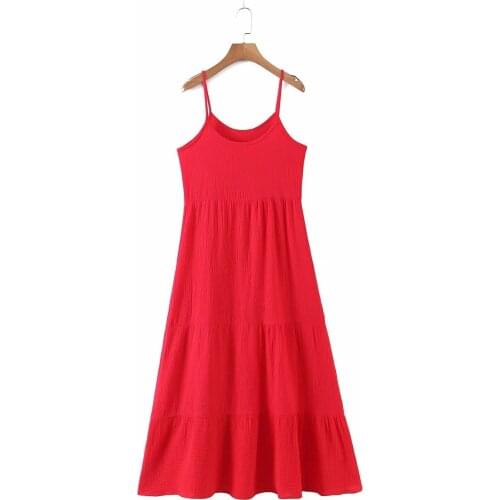 Dress Women Pleated Fashion Sexy Spaghetti Strap Midi Dress Summer Casual Loose Camisole Beach Holiday Vestidos Mujer 2021