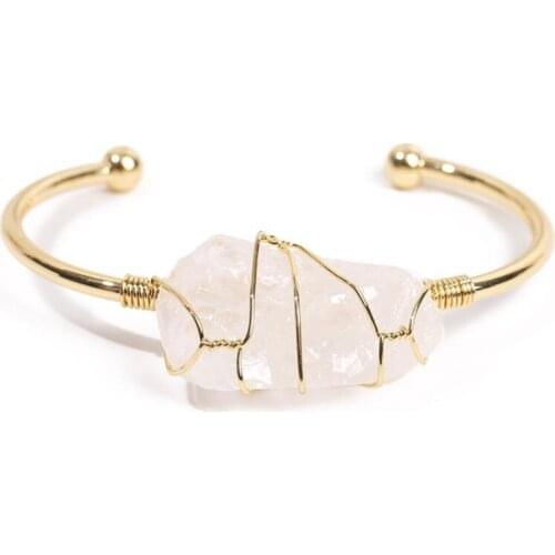 FYSL Light Yellow Gold Color Wire Wrap Irregular Shape Crystal Stone Open Bangle Ethnic Style Jewelry