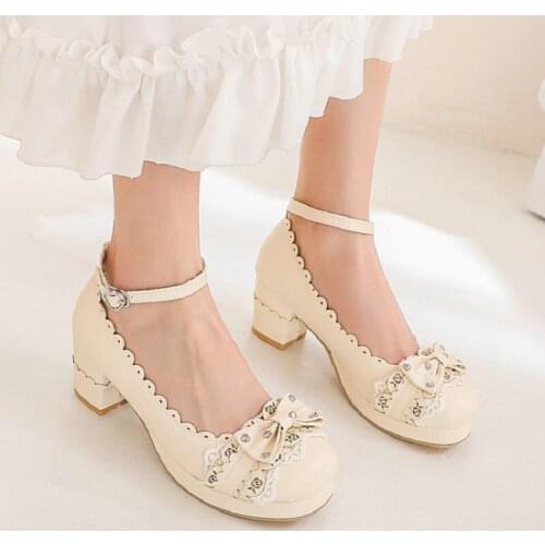 Sianie Tianie Lady Lolita Pink Princess Cosplay Girls Shoes Plus Size 33-48 Bowtie Knot Laser Floral Cut Womens Mary Janes Pumps