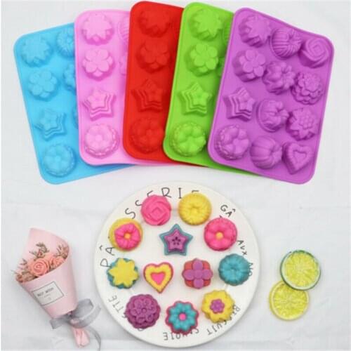 Flower Shape Silicone Cake Mold 12 Cups Cupcake Baking Tray Cookies Pudding Tools Kitchen Cake Muffin Chocolate Baking Pan Mould