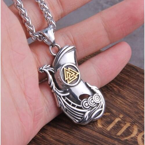 Nordic Vikings jewelry odin valknut stainless steel Viking warship pendant necklace with wooden box as gift never fade