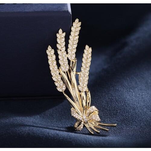 New 2021 Delicate Cubic Zirconia Wheat Brooches for Women Plant Ear of Wheat Pin Brooch Copper Jewelry Accessories Gift